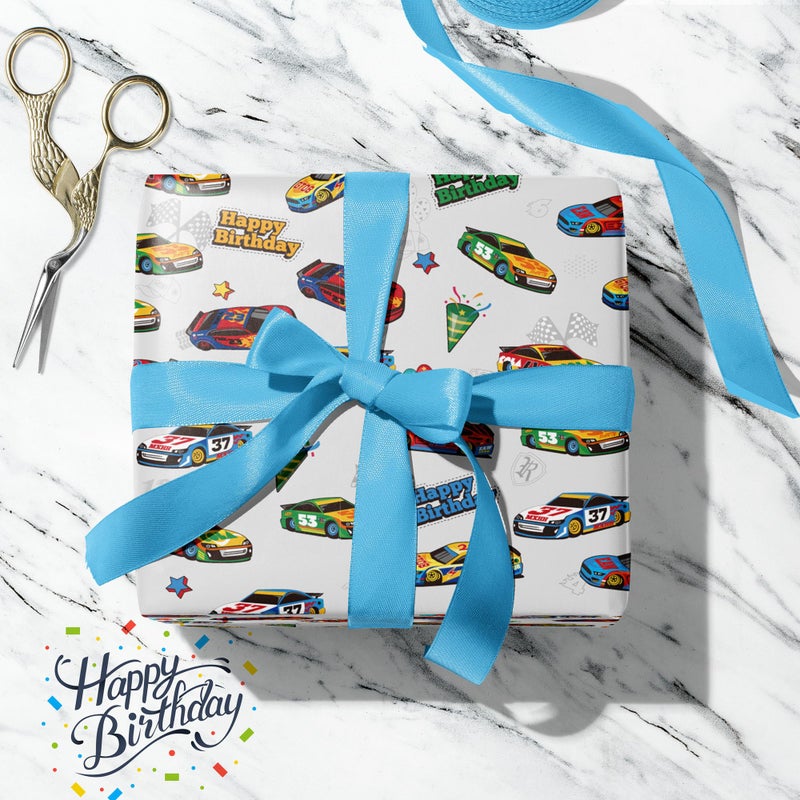 ZINTBIAL Race Car Wrapping Paper for Kids Birthday - Flames  Checkered Flags  Colorful Racing Cars and Happy Birthday Words Designs - 20 x 29 Inches  8 Folded Sheets  Easy to Store - Image 4